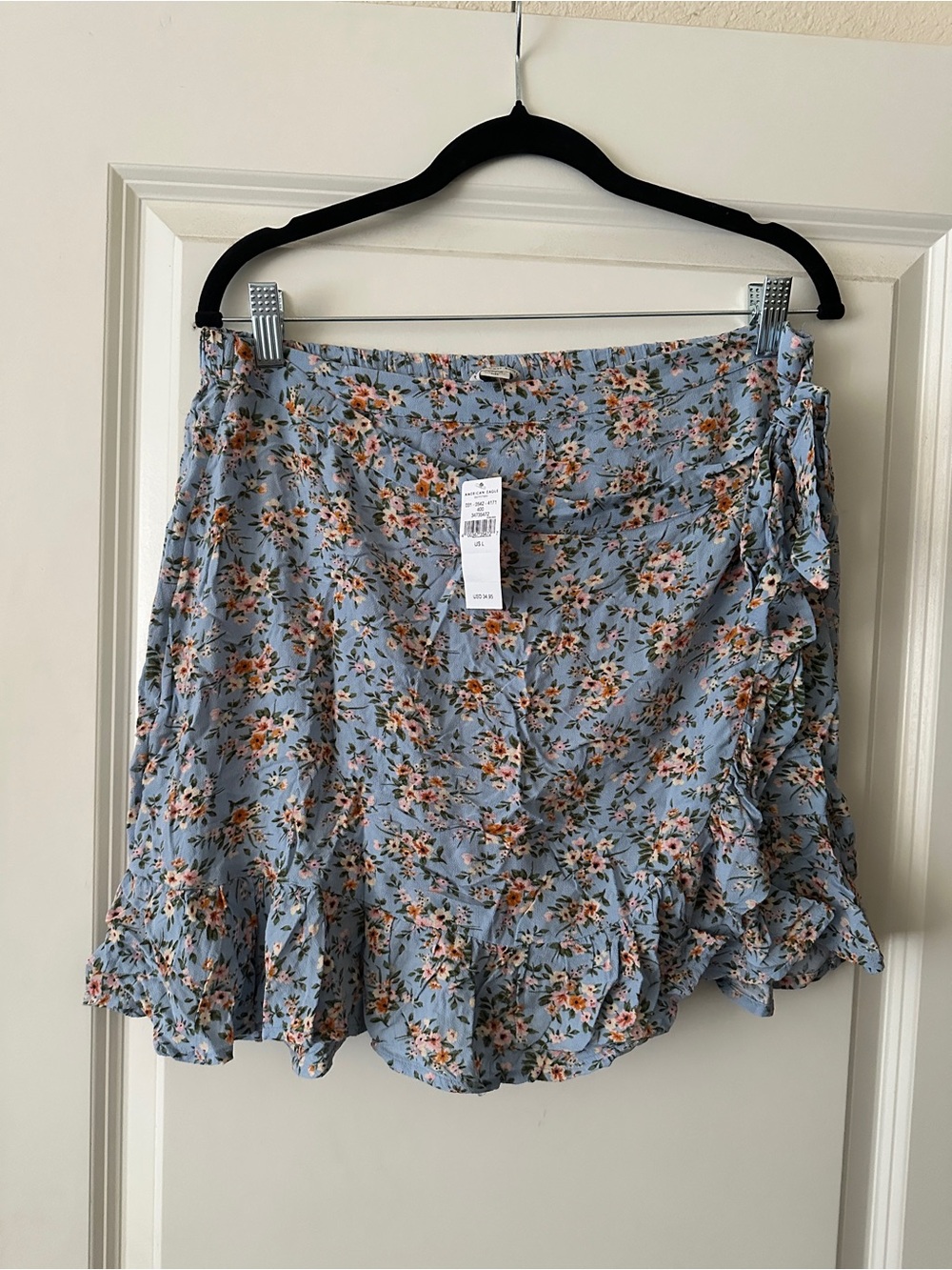 American Eagle Outfitters Light Blue Floral Skirt with Peach Accents